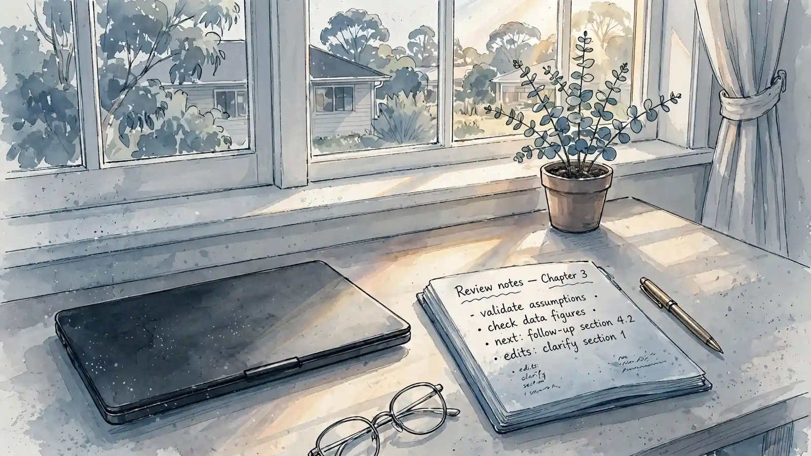 Australian home office desk with notebook, closed laptop, and eucalyptus in afternoon light.