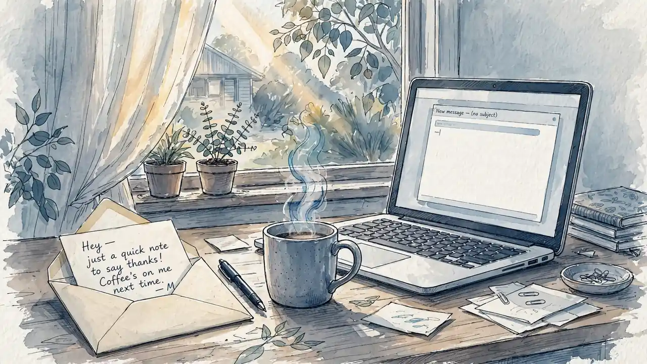 Open envelope, pen, and coffee on a desk in warm morning light.