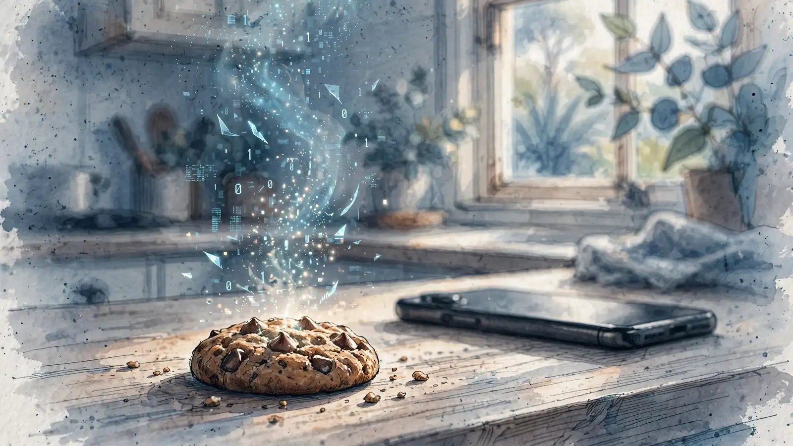 Chocolate chip cookie with glowing digital data particles rising from it on a wooden counter.