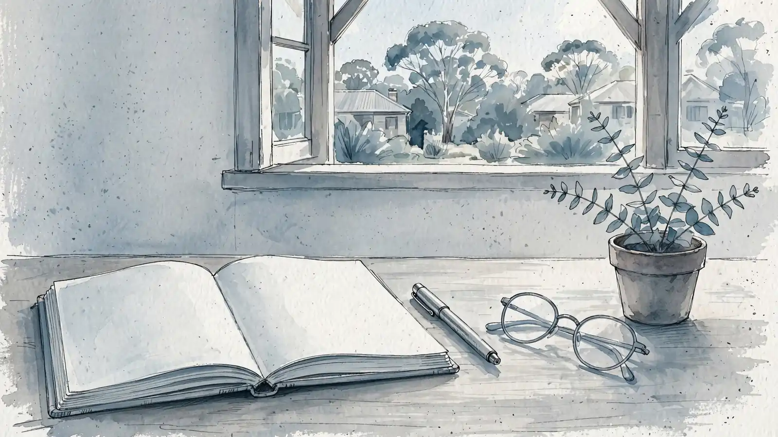 An open notebook with a pen, reading glasses, and a sprig of eucalyptus on a table in soft daylight.