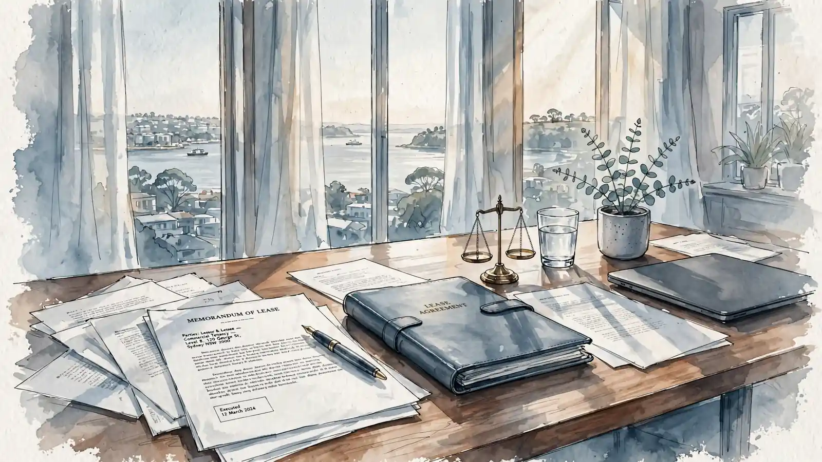 Sunlit office desk with legal documents, fountain pen, and brass scale of justice paperweight in Sydney.