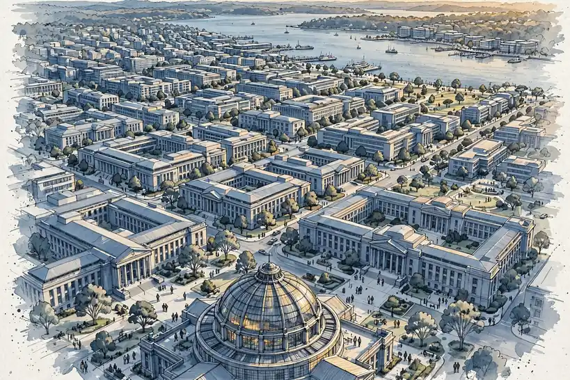 Australian Parliament House and government district at sunset