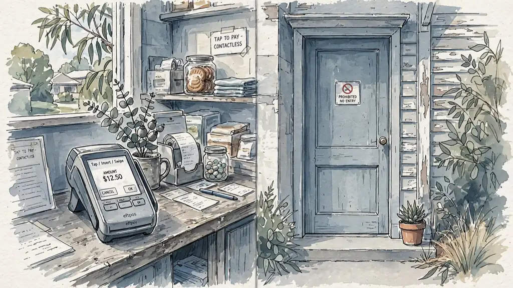 Card terminal on one side, closed restricted door on the other