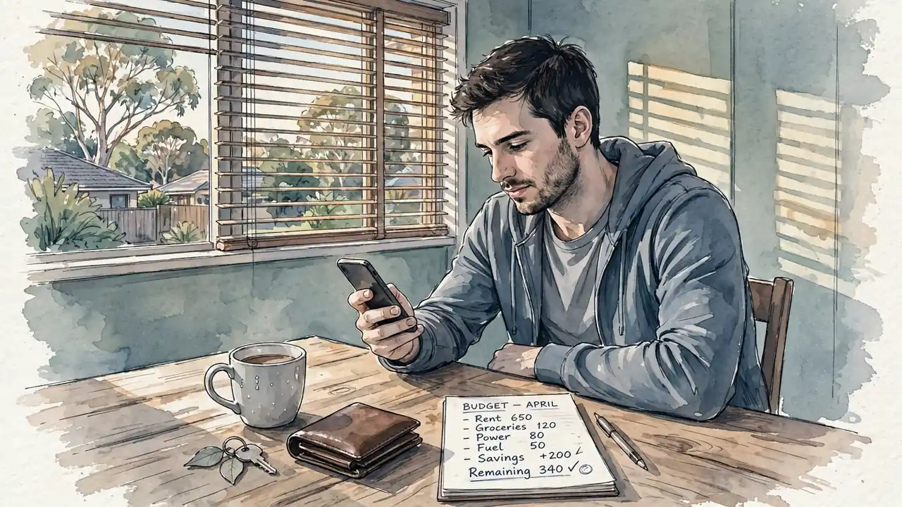 Young Australian man reflecting at kitchen table with phone, coffee, and notebook in afternoon light.