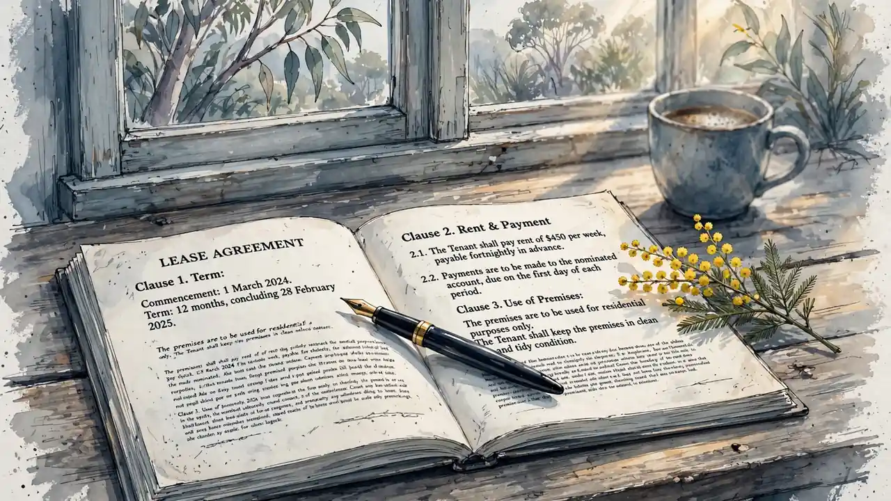 Open document on wooden desk with fountain pen, wattle sprig, and coffee in warm light.